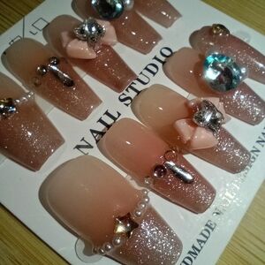 Blinged Out Cat Eye Pink French Tip Press-On Coffin Nails With 3D Bows
